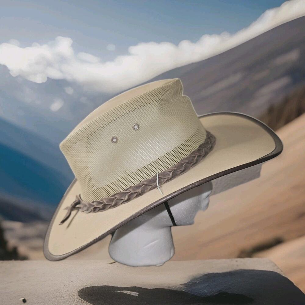 B.C. Hats Canvas Mesh Leather trim Hat Made In Australia Tan Bush Outback Sz Med